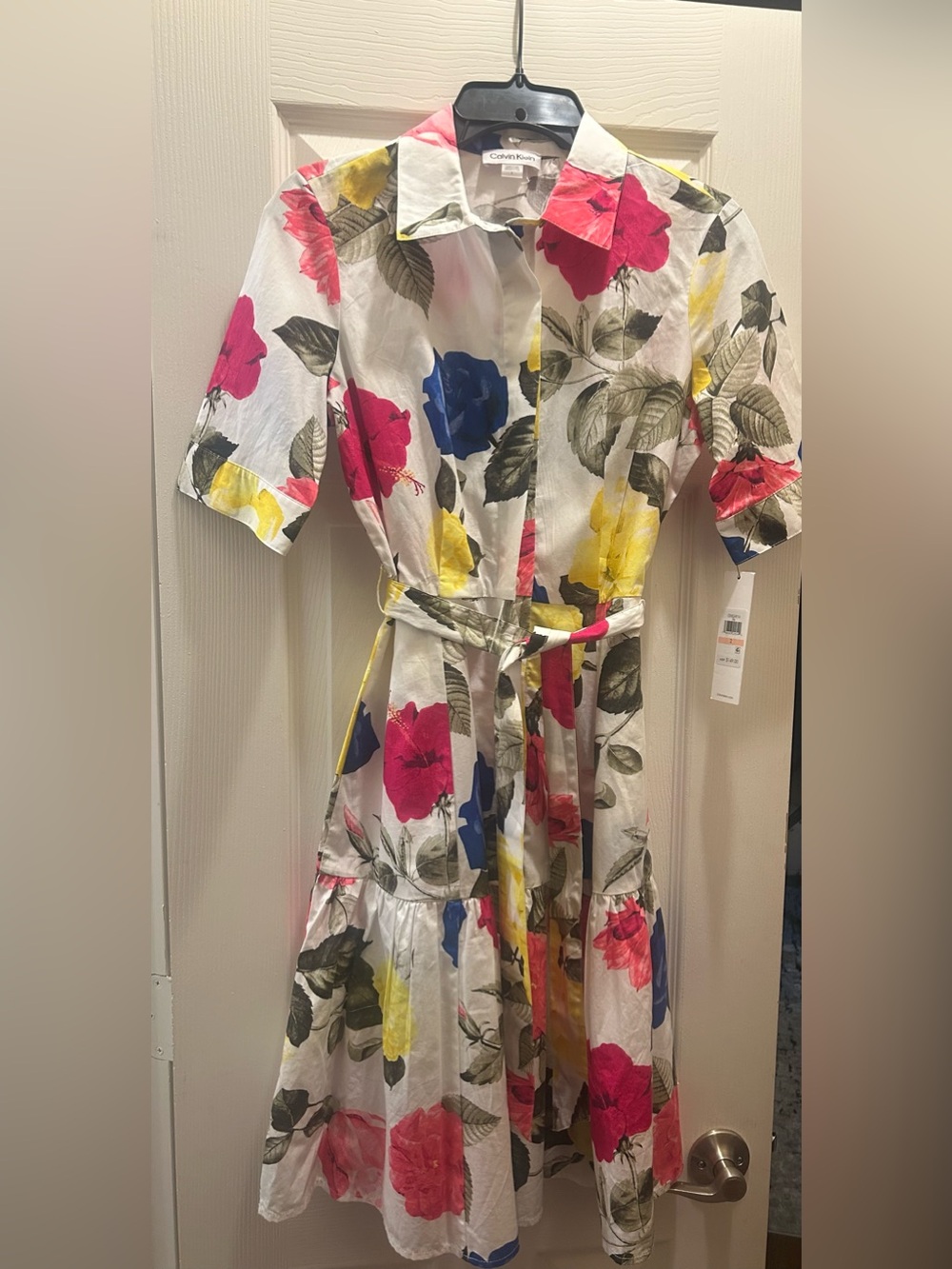 Floral Button-Front Shirt Dress with Tie Waist - White Multicolor - Picture 2 of 8